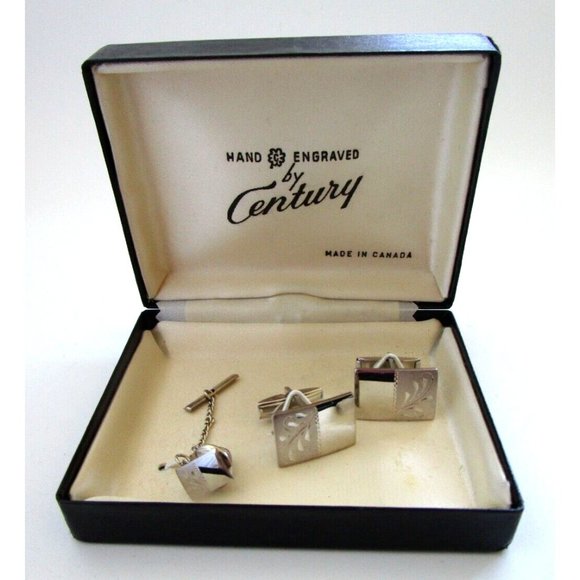 VTG Cufflinks and Tie Tack Boxed Hand Engraved "Century"  Silver Tone Set Canada - Picture 1 of 11